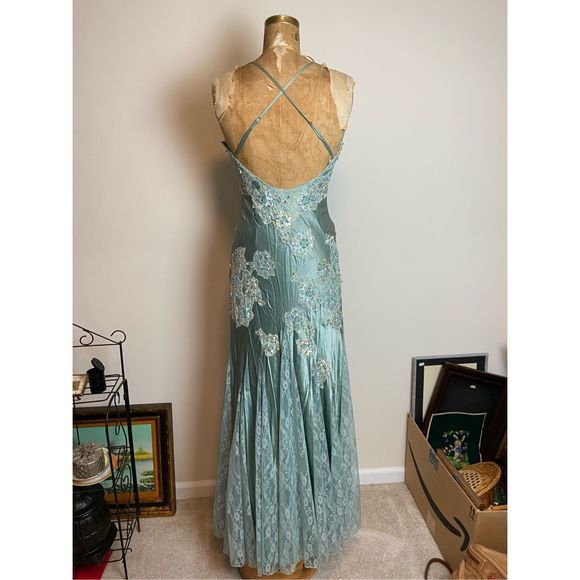 Vintage Cache Silk Gown Beaded Lace Sequin Gemstone Slinky Low Back Dress - SZ 8 - Picture 3 of 12
